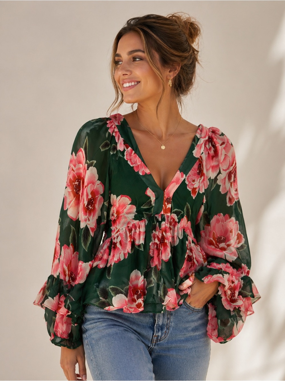 Farm Rio Green Floral Boho Blouse XS Sheer Bell Sleeve V-Neck Flowy Top